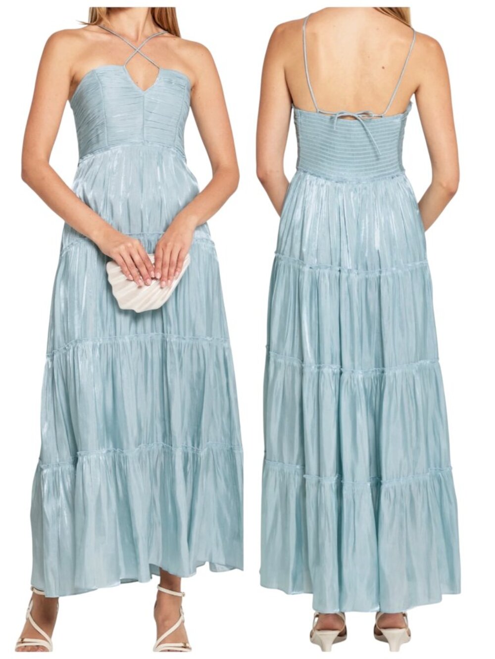 OPT One Pretty Time East Maxi Dress Light Blue Tiered Medium NWOT